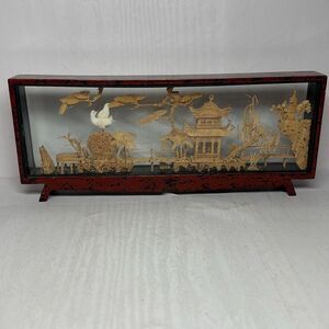 Vtg Chinese SAN YOU Diorama Cork Carving Glass Case Pagoda Trees & Cranes